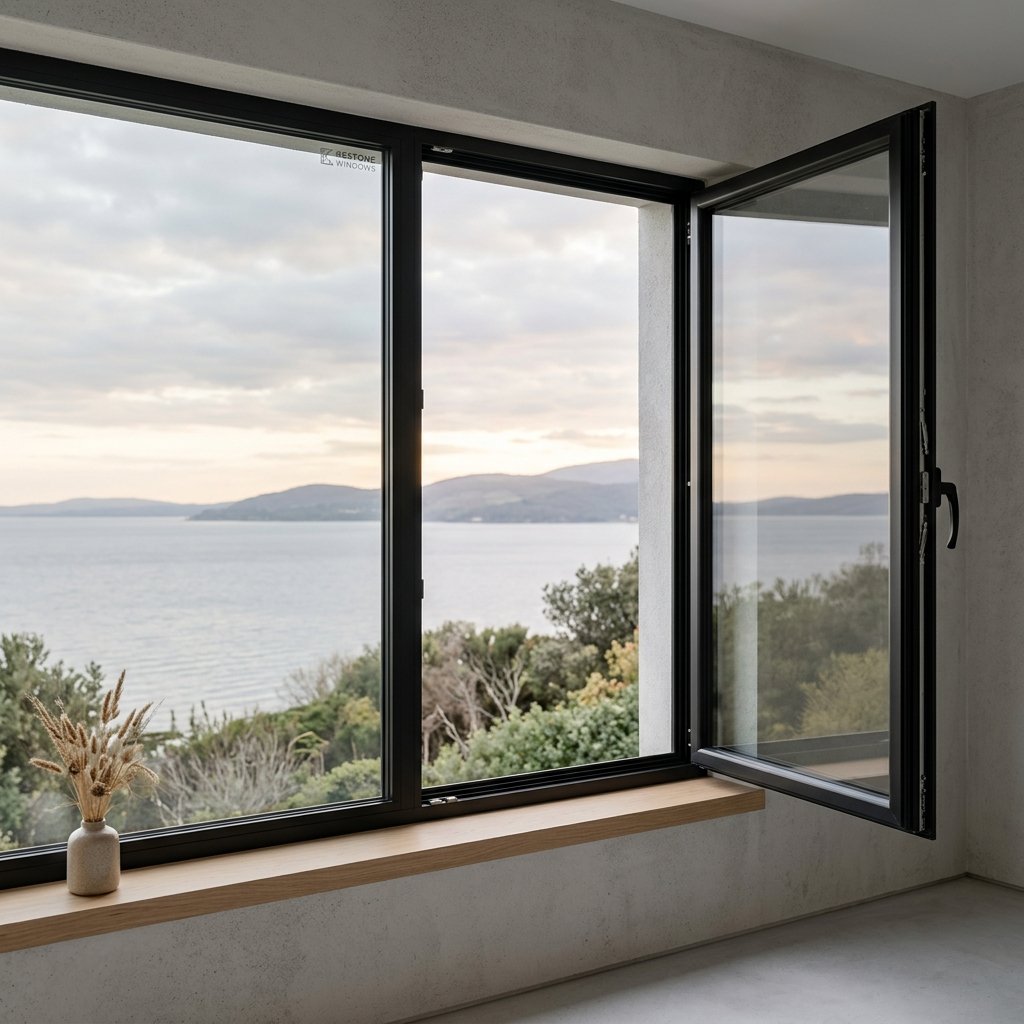black narrow frame aluminum casement window with fixed panel